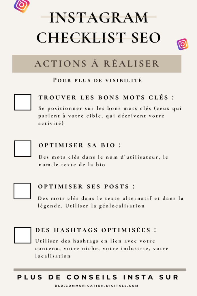 checklist instagram SEO, stratégie de contenu Instagram, conseils instagram, débuter sur Instagram entreprise, avoir plus de visibilité sur Instagram