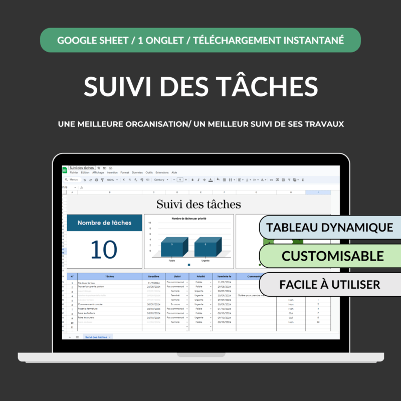 tableau de suivi des tâches google sheets, tableur excel, to do list google sheets, to do liste excel, tracker google sheets, tableau suivi google sheets