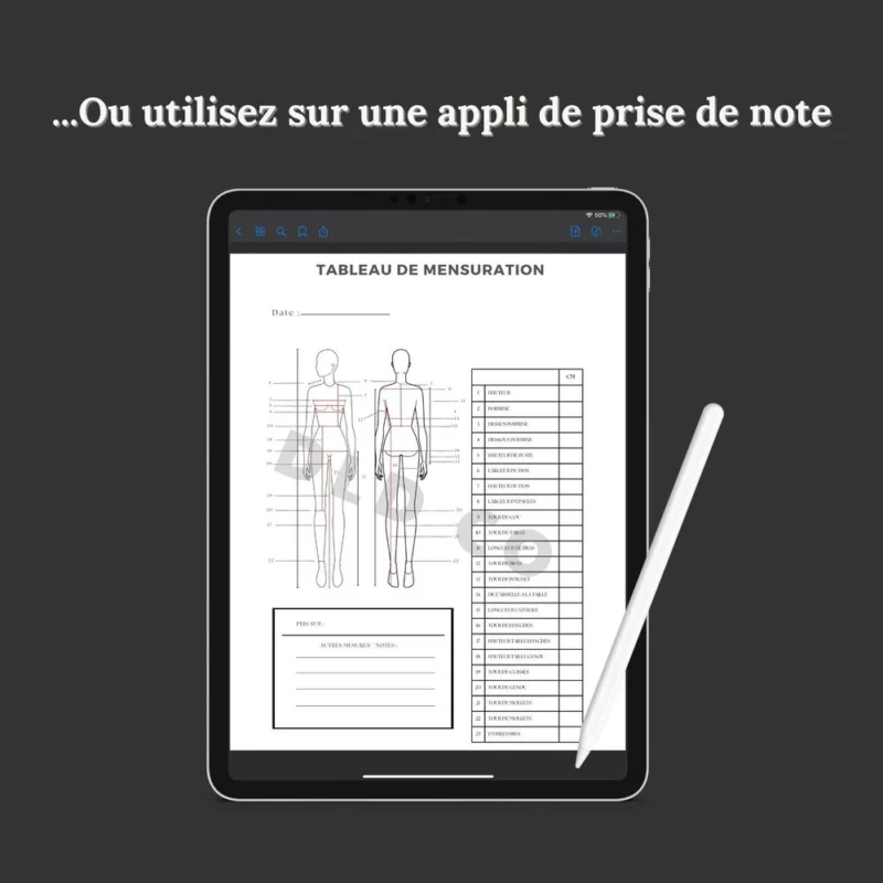 Tableau de prise de mesure de couture pdf pour femme