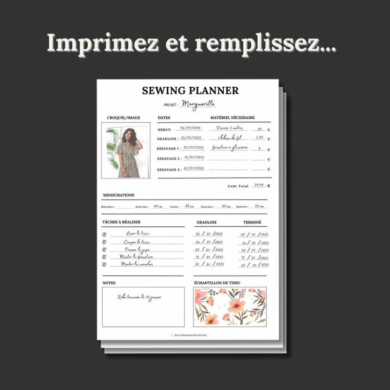 carnet de couture à imprimer, planner de couture français, carnet de couture numérique, fiche de couture imprimer