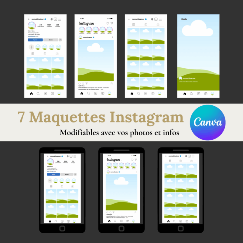 branding Instagram community manager, visuels Instagram pour réseaux sociaux, mockup instagram en français, mockups professionnels Instagram, templates Canva pour feed Instagram, pack de maquettes instagram canva
