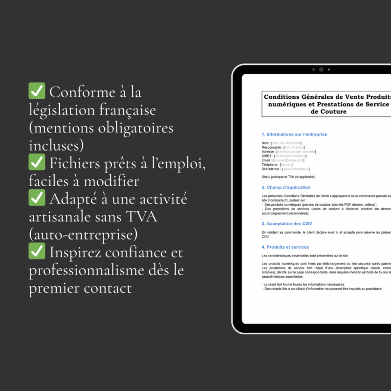 Pack juridique pour couturière & créatrice indépendante : Devis, Facture & CGV prêts à l'emploi ! – Image 4
