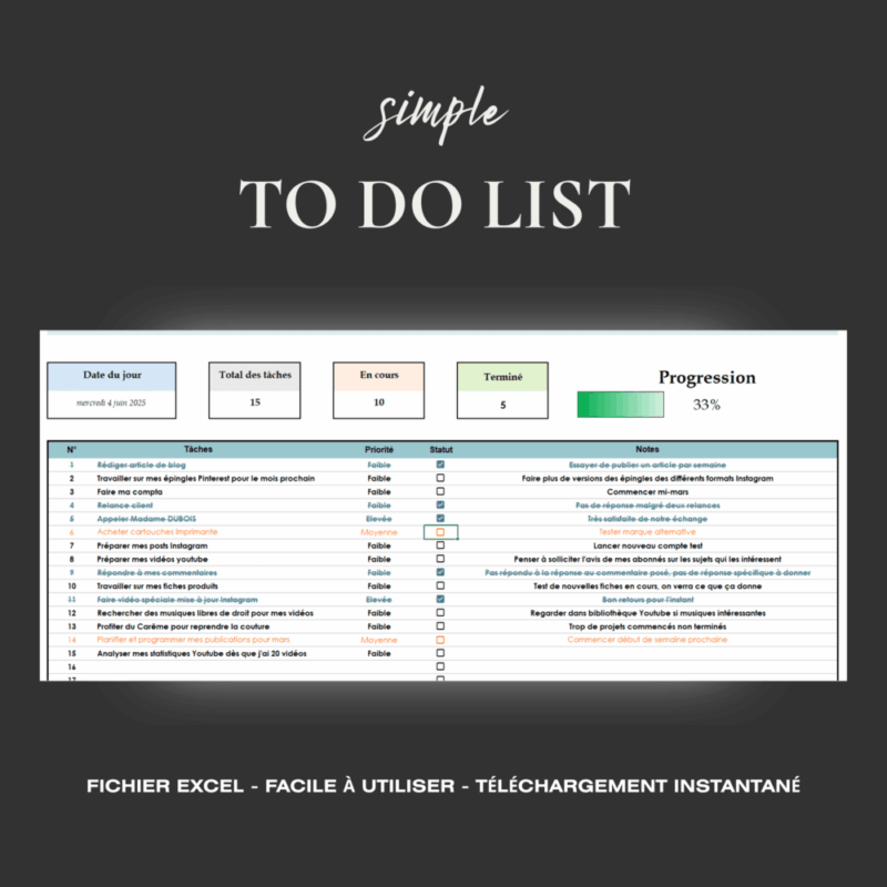 To-Do List Excel Suivi de Productivité Automatique – Image 2
