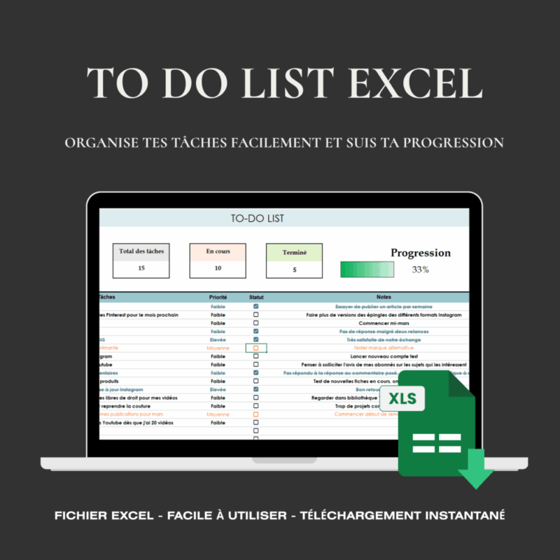 ableau de suivi des tâches pour entrepreneur digital, to do list excel suivi de productivité, tableau suivi des tâches excel