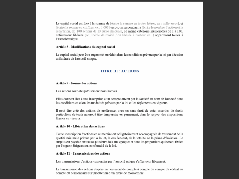 comment rédiger les statuts d'une SASU