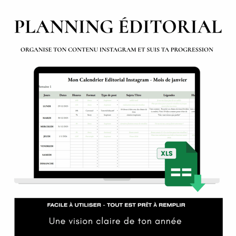 Planning couture (Excel/Sheets), planificateur simple et pratique pour couturières professionnelles
