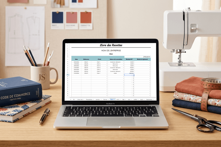 Tableau Excel pour bien gérer son budget micro-entreprise de couture sur un bureau d'atelier avec machine à coudre et Code de Commerce.