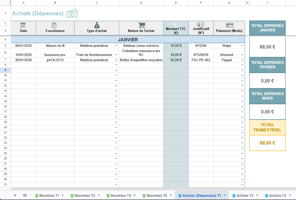 registre achats et recettes google sheets excel pour micro entreprise, couturières et créatrices artisanales