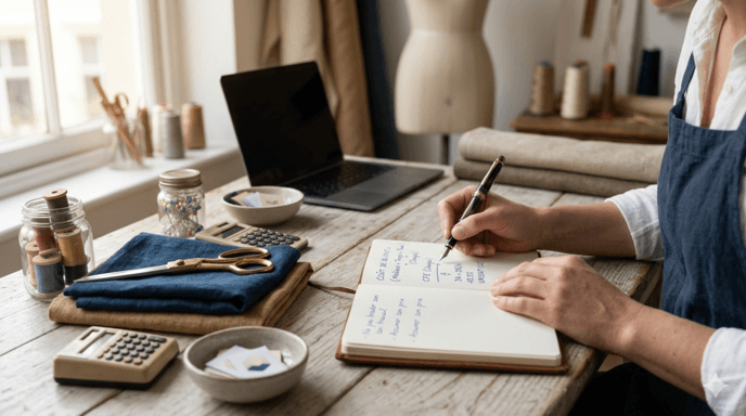 Plan rapproché sur les mains d'une couturière artisane (EI) en train d'écrire des calculs de rentabilité et des formules de prix dans un carnet en cuir sur son établi en bois. Elle utilise un stylo plume et une calculatrice vintage. À côté, des tissus en lin, des ciseaux en laiton et ses étiquettes tissées sont disposés. L'ambiance de l'atelier est chaleureuse et studieuse, avec la lumière naturelle d'une fenêtre - FIEXR SES PRIX EN COUTURE