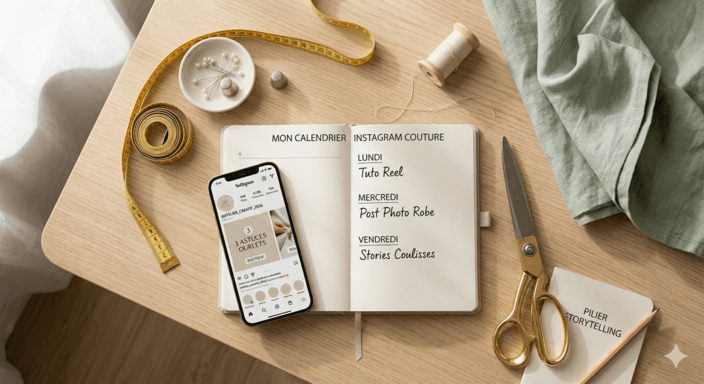 Un calendrier éditorial de couture ouvert sur un plan de travail organisé avec des outils de couture professionnels, un smartphone montrant des publications stratégiques et des notes sur les piliers de contenu Instagram