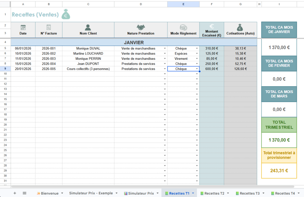 registre des dépenses et recettes google sheets excel conforme pour couturière et créatrice artisane