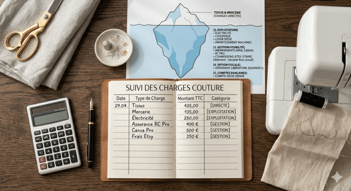 Une vue de dessus d'un plan de travail de couture organisé avec une calculatrice, des outils professionnels et un carnet de comptes ouvert listant les charges réelles (Tissus, Électricité, Commissions Etsy, Abonnements)