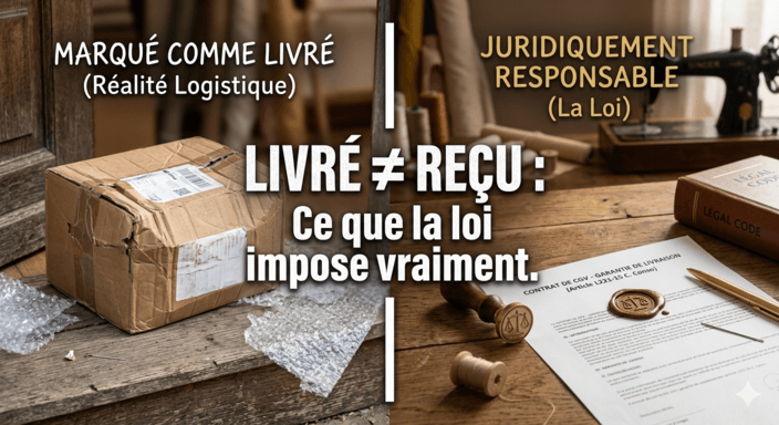 Un montage visuel séparé en deux : à gauche, un colis en carton abîmé et légèrement écrasé sur un pas de porte en bois clair ; à droite, un gros plan sur un contrat de CGV sur un bureau en bois avec un sceau de protection et une balance stylisée. L'arrière-plan flou évoque un atelier de couture. Texte sur l'image : 'LIVRÉ ≠ REÇU : Ce que la loi impose vraiment.' illustrant la responsabilité du vendeur