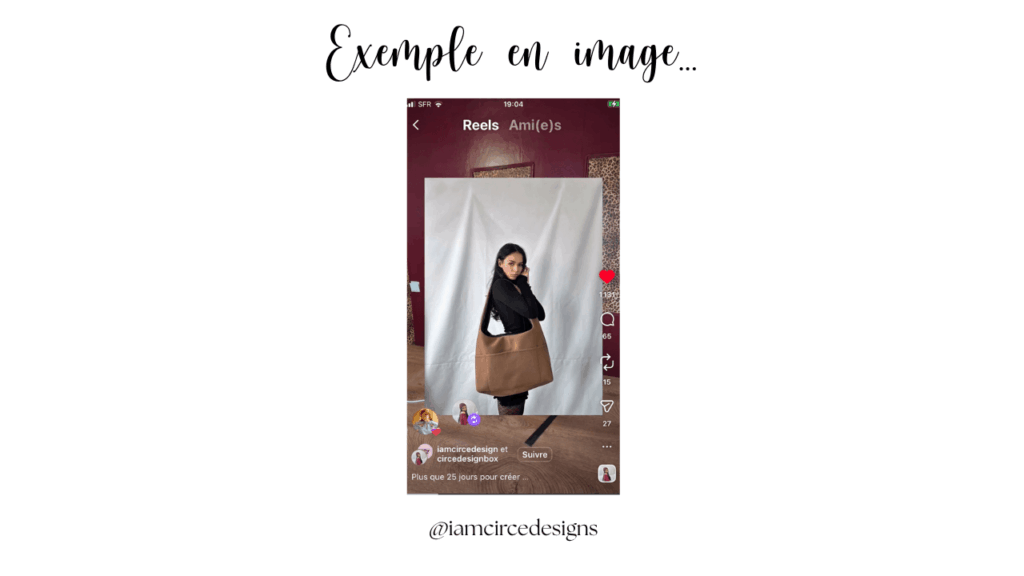exemple de reel instagram d'une créatrice couturière en train de poster avec un accessoire qu'elle a créé pour illustrer comment faire pour présenter ses créations sur instagram pour donner envie aux gens d'acheter
