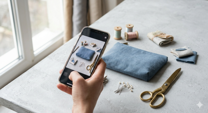 Photographie en plongée avec un smartphone tenu à la main au-dessus d'une composition flat lay sur une table en bois près d'une fenêtre lumineuse. Le sujet est une pochette en lin bleu, entourée de ciseaux en laiton, de bobines de fil vintage et de tissu, illustrant la lumière naturelle et la technique flat lay