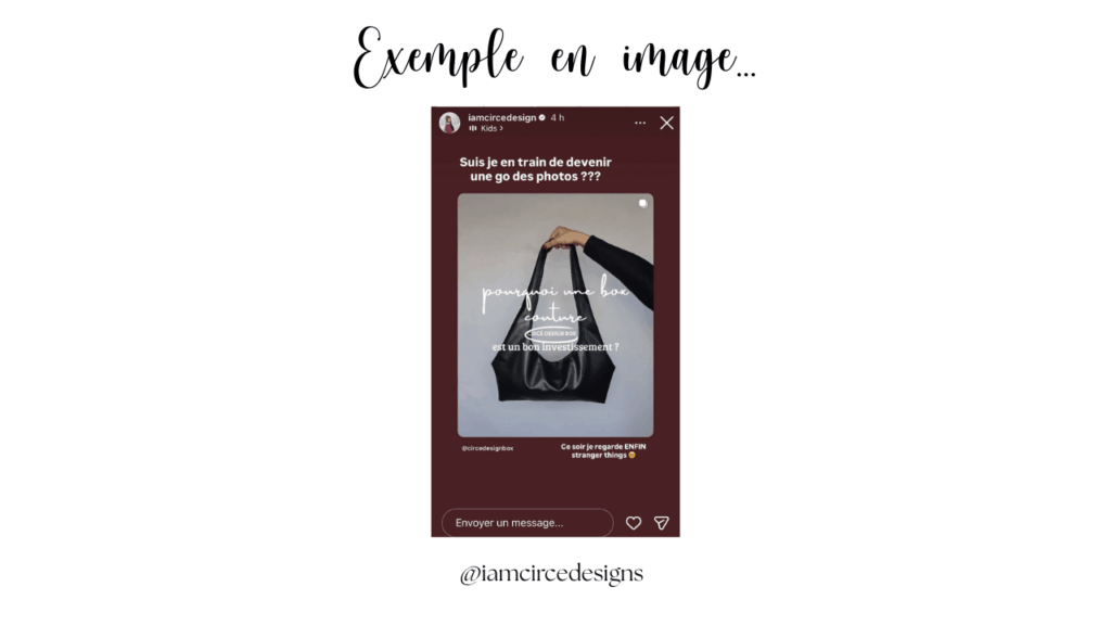 exemple de story instagram pour couturières et créatrices artisanales illustrant comment faire pour vendre ses créations sur instagram sans site web