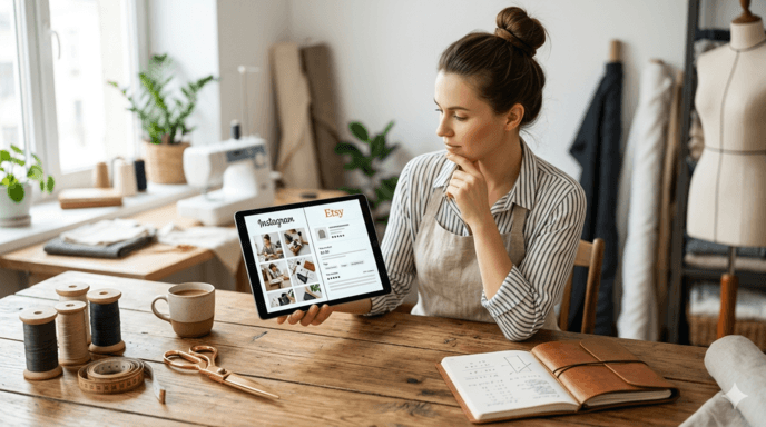 Comparatif Instagram vs Etsy, comparatif visuel entre la vente sur Instagram (storytelling, coulisses de l'atelier) et la vente sur Etsy (fiche produit, fond blanc). Une artisane couturière réfléchit à sa stratégie de vente sur sa tablette