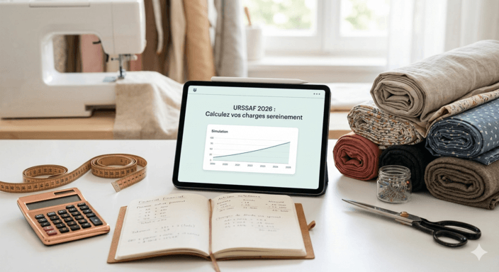 Une tablette affichant un graphique de simulation financière à côté d'un carnet de calculs, d'une calculatrice et de piles de tissus dans un atelier de couture. Texte sur l'image : 'URSSAF 2026 : Calculez vos charges sereinement.' illustrant la gestion des cotisations pour couturière