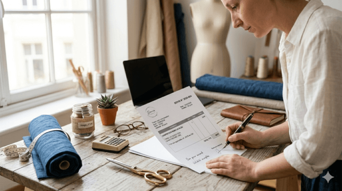 Une couturière artisane signe un devis couture professionnel dans son atelier. Sur son établi en bois, on voit un document de devis détaillé, un rouleau de tissu bleu, une paire de ciseaux dorés et un carnet. L'image illustre la protection juridique et le sérieux de la gestion d'un atelier de couture