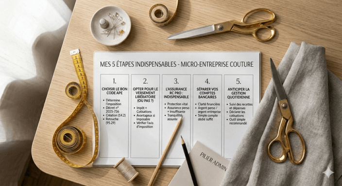 Une vue de dessus d'un plan de travail de couture organisé, avec un agenda ouvert listant les '5 étapes indispensables pour déclarer sa micro-entreprise couture' (APE, Versement, RC Pro, Banque, Gestion), entouré de ciseaux et d'outils professionnels.