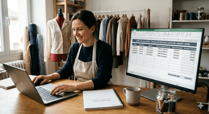 Une créatrice textile gérant la comptabilité de son atelier de couture sur ordinateur avec son livre des recettes ouvert