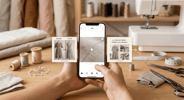 Une main de créatrice fait défiler un carrousel dynamique sur un smartphone dans un atelier de couture chaleureux. L'écran montre un 'Avant/Après' et un zoom sur une finition délicate avec l'icône de mini-vidéo, entouré d'outils et de tissus artisanaux.