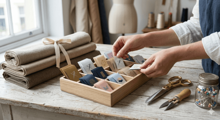 Gros plan sur les mains d'une artisane couture manipulant des étiquettes tissées de haute qualité avec un logo minimaliste. Elles sont posées sur un établi en bois, à côté de tissus nobles (lin, laine), de ciseaux de tailleur en laiton et d'un mannequin de couture flou en arrière-plan. La scène est inondée de lumière naturelle douce