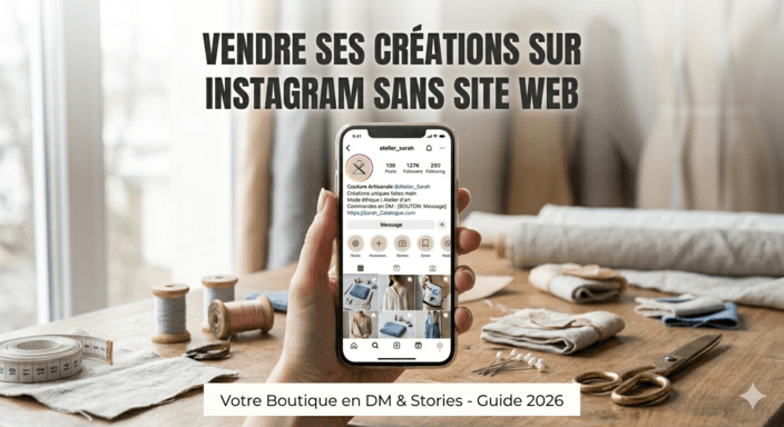 Un smartphone tenu en main au-dessus d'un établi de couture. L'écran affiche un profil Instagram professionnel pour 'Couture Artisanale @Atelier_Sarah'. La bio inclut 'Créations faites main' et un bouton 'Message' visible. Le pouce est prêt à cliquer. Entouré de bobines de fil, de ciseaux et de tissu, sous une lumière naturelle.
