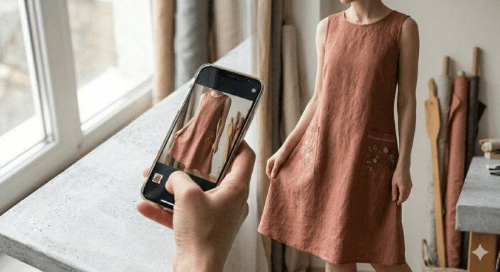 Une composition flat lay cohérente sur un fond en bois texturé, comprenant des chutes de tissu terracotta, des ciseaux de tailleur en laiton, des boutons vintage et un mètre ruban, vue à travers l'écran d'un smartphone tenu en plongée. Illustre le stylisme photo et la cohérence visuelle