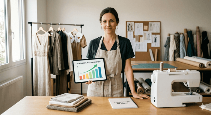 Une créatrice de couture professionnelle tenant une tablette avec un graphique de rentabilité dans son atelier organisé. Titre de l'article : Comment vivre de la couture : le guide complet pour vivre de sa passion