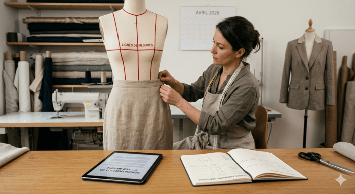 Une couturière professionnelle dans son atelier organisé en 2026, travaillant sur une création sur-mesure pour illustrer l'exception légale au droit de rétractation pour les commandes spécifiques.