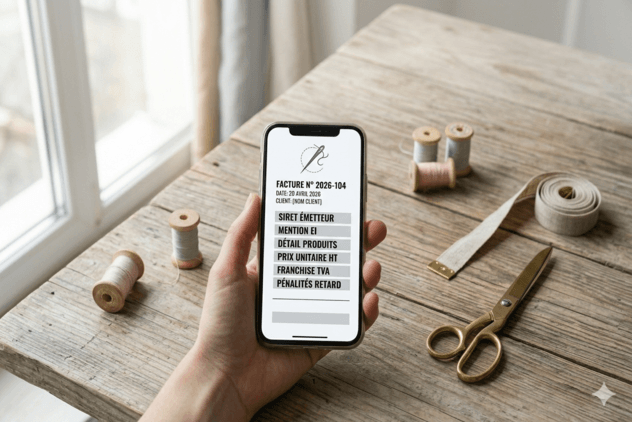 Un smartphone tenu en main au-dessus d'une table en bois d'un atelier de couture. L'écran affiche une facture conforme en couture, une facture numérique avec une check-list validant les mentions obligatoires : SIRET, Mention EI, Détail produits, Franchise TVA, et Pénalités retard. Le titre de l'image est 'MENTIONS OBLIGATOIRES FACTURE : VOTRE GUIDE DE SURVIE 2026' et la légende est 'La check-list conforme pour l'atelier de couture