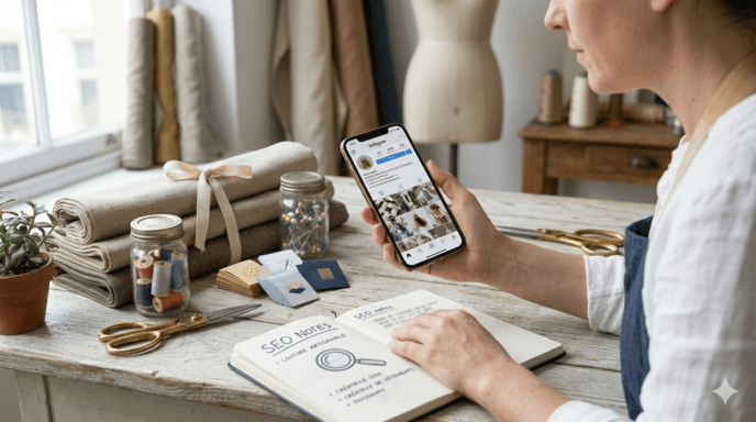 Photographie d'une créatrice de couture dans son atelier lumineux. Elle regarde son smartphone qui affiche un profil Instagram optimisé (bio avec mots-clés, photos de qualité, étiquettes visibles). Son établi est organisé avec des tissus en lin, des bobines de fil et des ciseaux dorés. Ambiance professionnelle, créative et moderne, illustrant le SEO Instagram en 2026