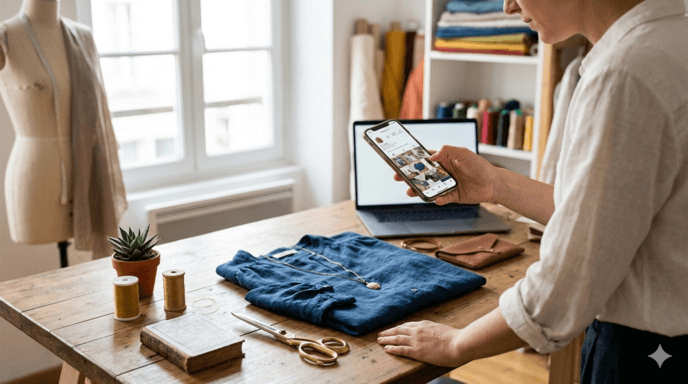 Une couturière artisane met en scène une robe en coton bio dans son atelier lumineux pour une photo Instagram. Elle utilise de la lumière naturelle et des accessoires pour créer une ambiance désirable et professionnelle, illustrant comment donner envie d'acheter.