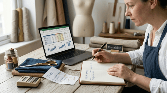 Une créatrice en micro-entreprise de couture analyse la rentabilité de son atelier sur un ordinateur. Sur son bureau en bois se trouvent des tissus, un carnet de notes et une calculatrice. Ambiance lumineuse et professionnelle