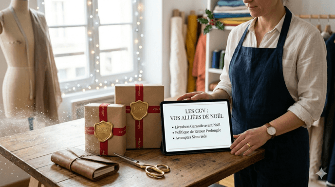 Une couturière présente ses Conditions Générales de Vente (CGV) sur une tablette dans son atelier. À côté d'elle, des colis de Noël sont sécurisés par des sceaux de cire marqués 'CGV Protected'. La tablette affiche les points clés : Livraison garantie avant Noël, Politique de retour et Acomptes sécurisés.