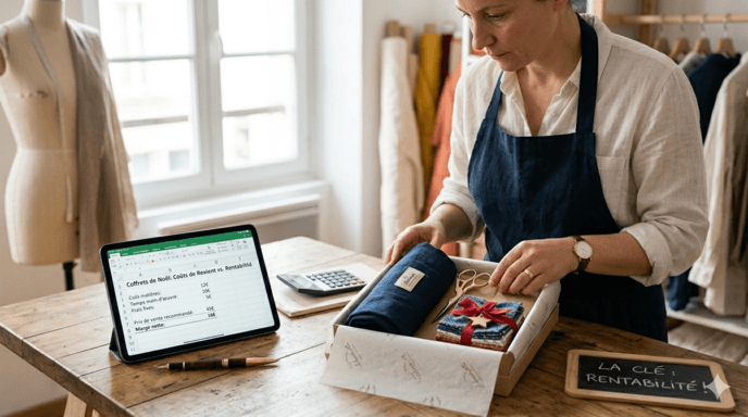 Une artisane couturière en micro-entreprise assemble des coffrets cadeaux de Noël rentables dans son atelier. Sur son établi en bois, on voit une tablette affichant un tableau Excel de calcul de rentabilité (coûts matières, temps, marge) à côté d'un coffret contenant un tablier en lin bleu et des accessoires. Un petit panneau indique 'La Clé : Rentabilité !'.