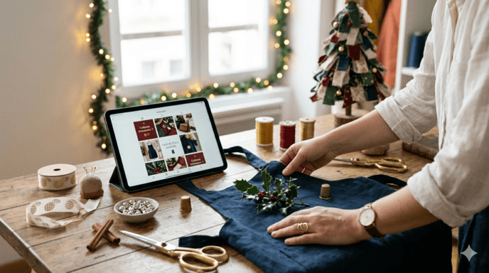 Une artisane couturière prépare son calendrier de contenu Instagram pour Noël dans son atelier décoré. Sur son établi, on voit une tablette affichant un feed festif, des tissus de fête, des ciseaux dorés et des décorations de Noël subtiles. Ambiance chaleureuse et organisée pour les fêtes de fin d'année